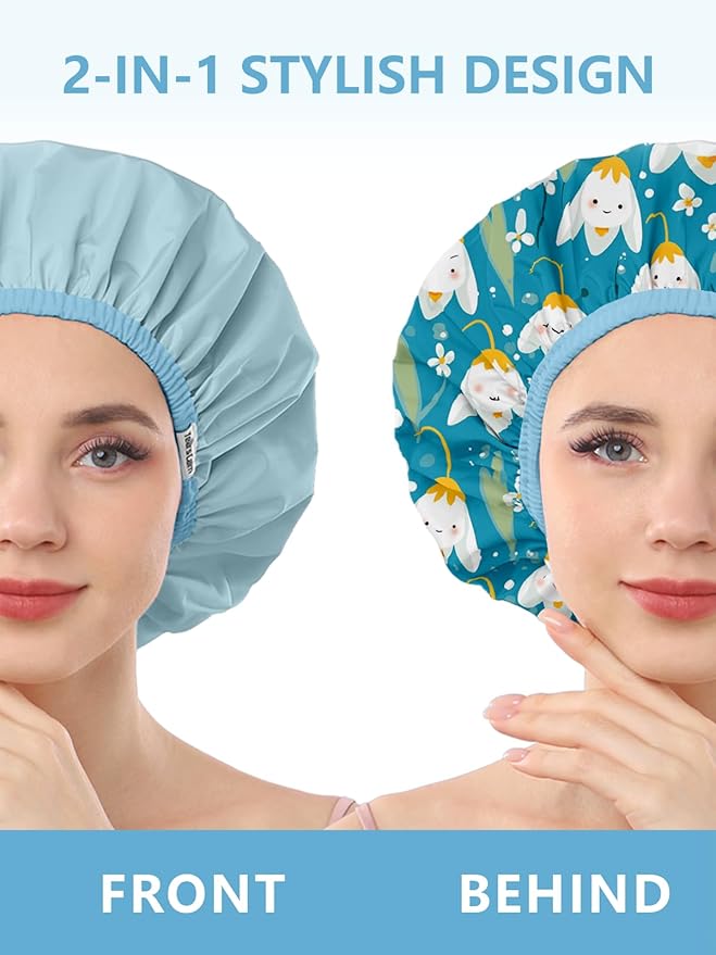 Years Calm Shower Caps For Women Reusable Waterproof，Pattern And Solid Color Dual-Layer Design For Dual-Layer Usable，Protects Hair In Shower, Spa, Cooking, Clean & Travel (Bell Orchid, Extra Large)