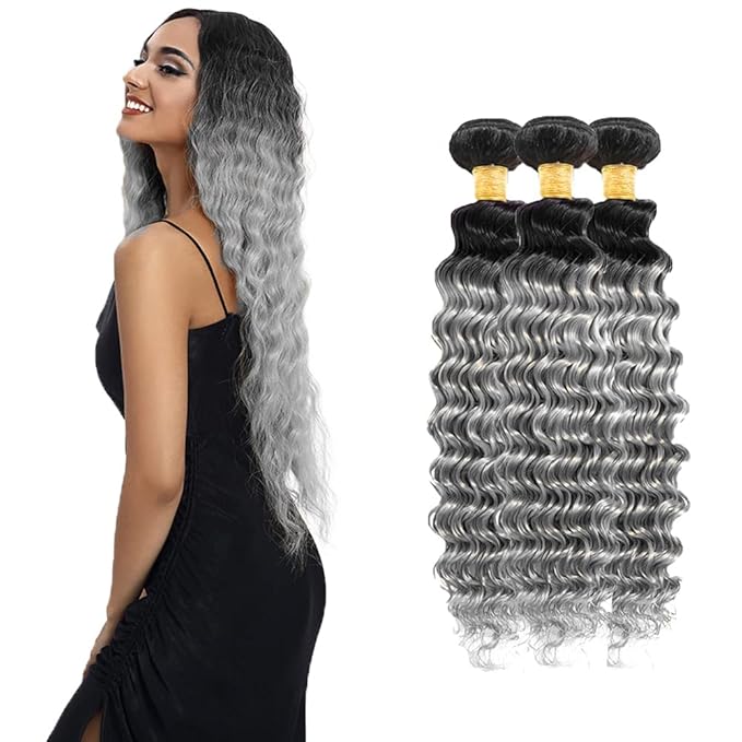 28 30 32 Inch Ombre Bundles Human Hair Grey Deep Wave Bundle Brazilian Virgin Remy Hair Extensions Double Weft 2 Tone Black and Silver Deep Wave Bundle Hair Weave 300g