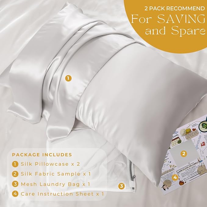 PROMEED 23 Momme Silk Pillowcase 2 Pack with Zipper, 3rd Gen Grade 6A+ 100% Mulberry Silk Pillow Case Set of 2, Cooling Pillow Cases for Hot Sleepers (King 20"x36", Light Grey)