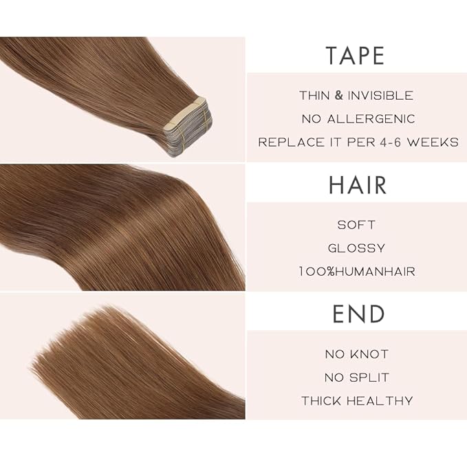 Tape in Hair Extensions Human Hair 20pcs 14 Inches Tape Ins hair extensions for White Women Invisible Seamless Tape In Extensions Skin Weft Medium Brown (6#)