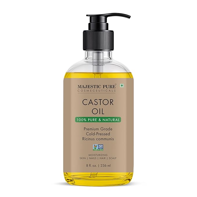 Majestic Pure Castor Oil with Glass Bottle - 100% Pure & Natural - Premium Grade, Cold Pressed, Hexane Free - Hair, Eyelashes, Eyebrows, Nails - Moisturizing & Nourishing - 8 Fl Oz