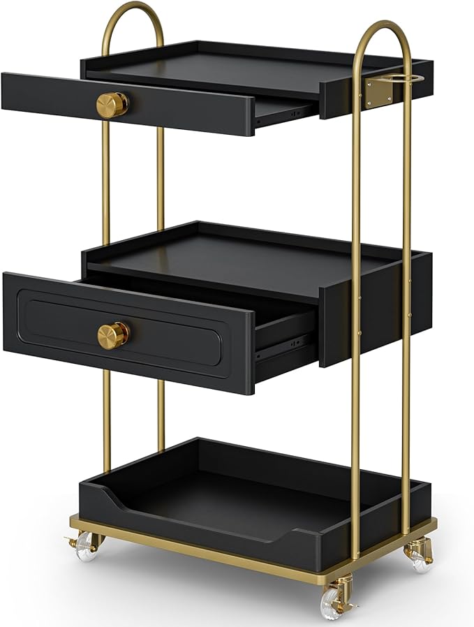 Barber Salon Trolley Cart w/Lockable Wheels, 3-Tier Rolling Beauty Cart with 2 Drawers & Dryer Holder, Mobile Beauty Trolley for Beauty Spa Barbershop(Black)