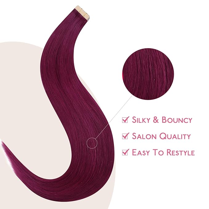 WENNALIFE Tape in Hair Extensions Human Hair Light Burgundy Tape in Extensions, 10pcs 25g 18 inch Remy Invisible Tape Ins Straight Colored Soft Real Human Hair Tape in Extensions Refill Set Extensions