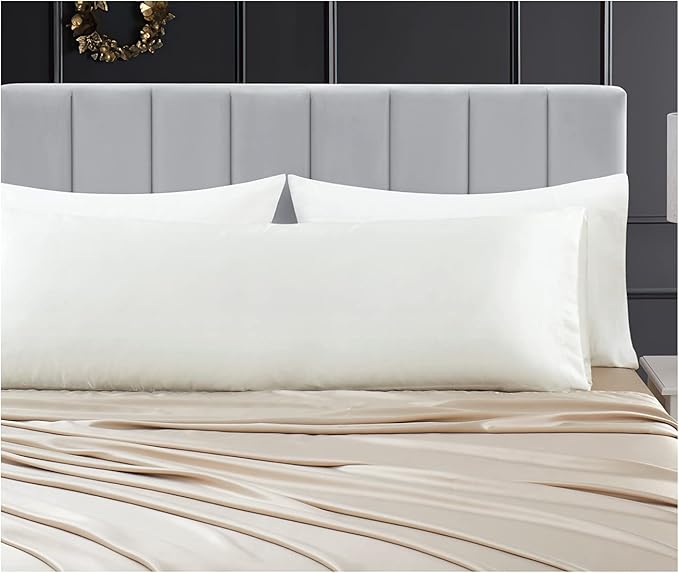 Aormenzy Satin Body Pillow Cover Set of 2, 20x54 Inches White Body Pillow Case for Adults, Silky Soft & Cooling with Envelope Closure