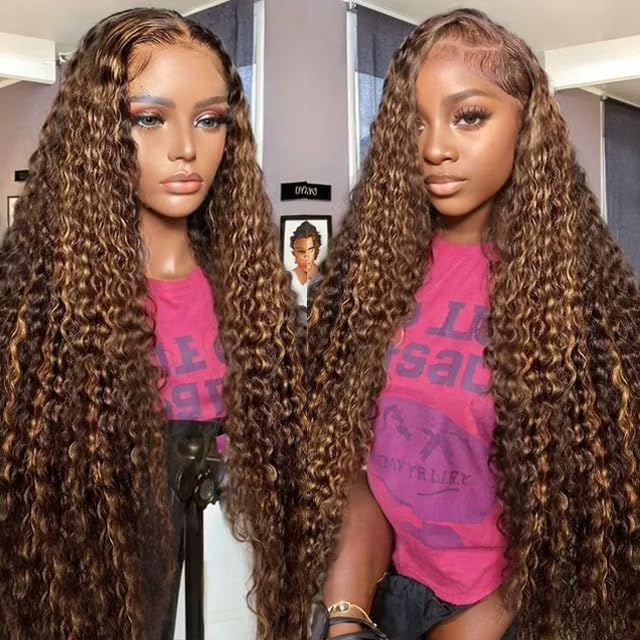Honey Blonde Highlight Ombre Lace Front Wig Human Hair 210 Density 13x6 HD Lace Front Wigs Human Hair Deep Wave Curly Lace Frontal Wigs Pre Plucked with Baby Hair 22Inch