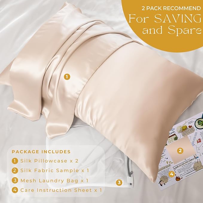 PROMEED 23 Momme Silk Pillowcase 2 Pack Toddler/Travel Size with Free Laundry Bag, Highest Grade 6A+ 100% Mulberry Silk Pillow Case Set of 2, Zipper (Toddler/Travel 13"x18", Champagne)