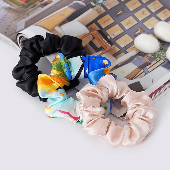 19Momme Silk Scrunchie Thick Hair Ties for Curly Hair, No Slip Hair Bands for Women, Vintage Satin Hair Accessories (Blush Pink,Black,Azure Breeze‌)