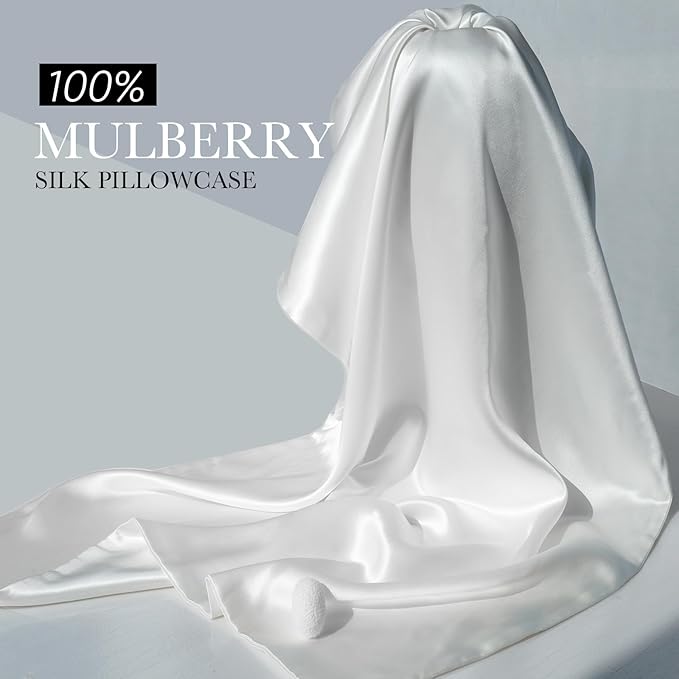 100% Mulberry Silk Pillowcase for Hair and Skin, 22 Momme Pure Natural Silk Pillow Case Both Sided with Zipper, Pillow Cover for Women Mom Men (White, Queen 20''×30'', 1 Pack)
