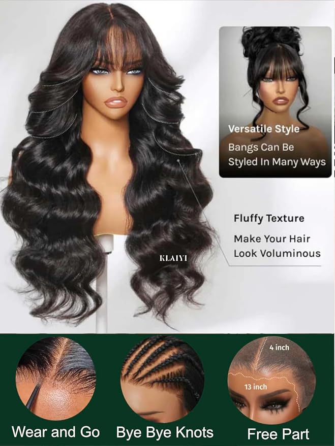 KLAIYI Pre Everything Glueless 13x4 Lace Front Wigs Human Hair Loose Body Wave Bye Bye Knots Pre Cut Lace Pre Bleached Pre Plucked 30S Ready to Wear And Go Frontal Wig with Natural Curtain Bang 28Inch