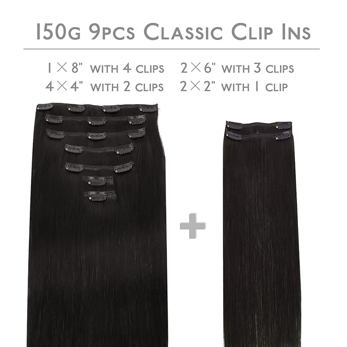 WENNALIFE Clip in Hair Extensions, 150g 14 Inch 9pcs Natural Black Human Hair Extensions Thicker Real Human Hair Clip Set Double Weft