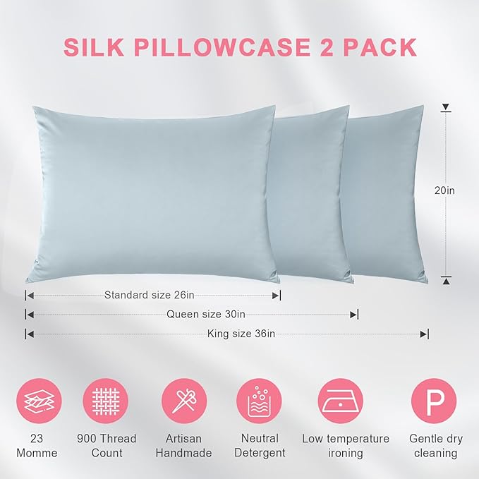 100% Silk Pillowcase 2 Pack for Hair and Skin, Both Sides 23 Momme Grade 6A+ Mulberry Silk Pillowcases with Hidden Zipper, Soft&Smooth Cooling Pillow Cases (Ash Blue, Queen 20×30)
