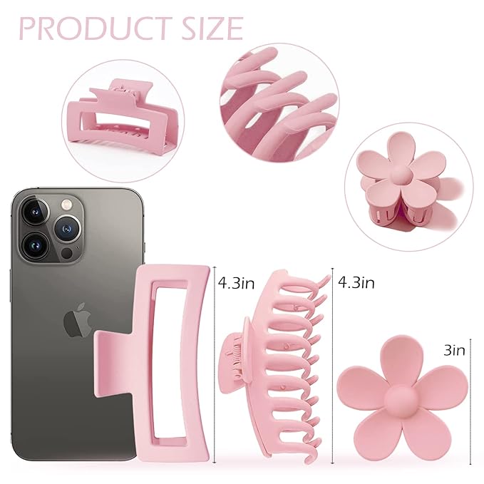 Large Hair Claw Clips 12 Pack, Flower Hair Clips for Thin Hair, Big Square Matte Strong hold for Thick Hair, 3 Styles Hair Clips for Women Thick Hair Pink Colors