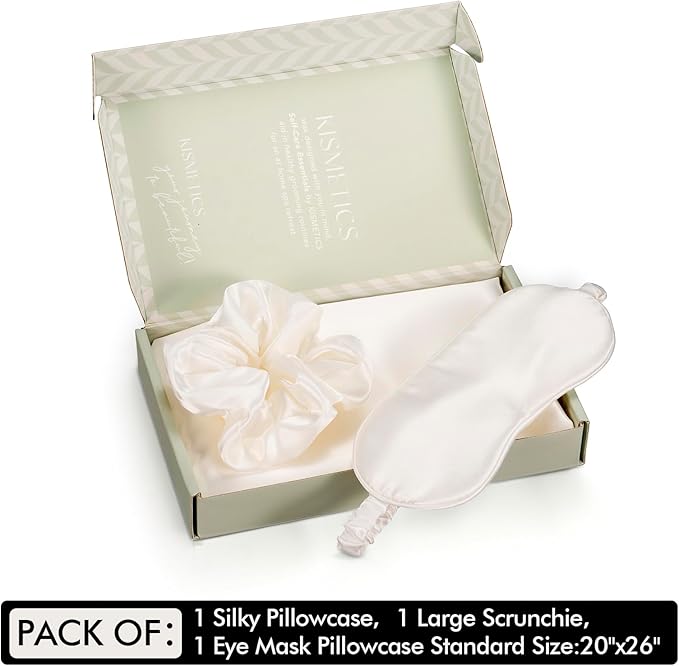 Vegan Silk Sleep Set, Vegan Silk Pillowcase with Large Scrunchie and Eye Mask for Hair and Skin, Self Care Essential Satin Night Routine Kit (Cream Color)
