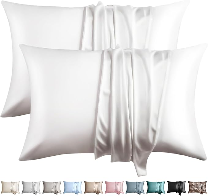 100% Silk Pillow Cases 2 Pack Standard Size Mulberry Silk Pillowcase for Hair and Skin Set of 2 Highest Grade 6A Silk Soft Breathable Cooling with Hidden Zipper, White