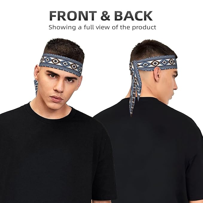Men's Women Lovely Sports Sweat Band Hair Decor for Sports Workout Spa, Long Boho Style Colorful Surf Blue Tribal Navajo Aztec Geometric Ethnic Pattern Head Ribbon Headwear