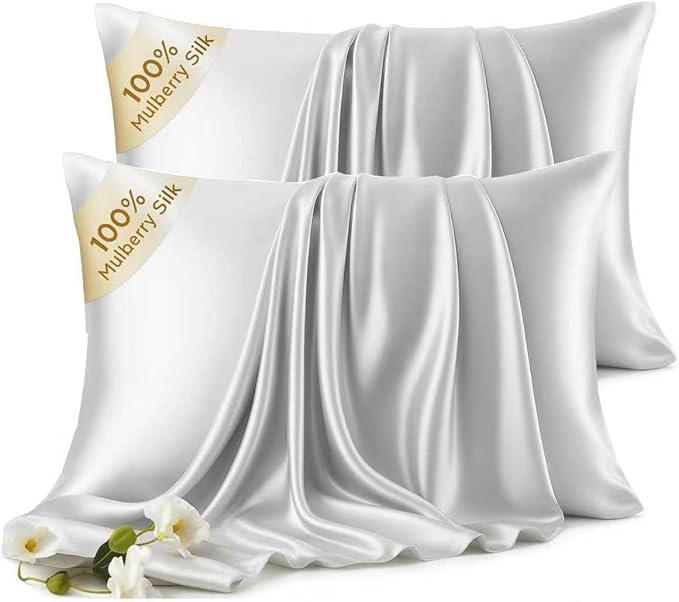 Set of 2 100% Mulberry Silk Pillow Cases - 6A Luxury Silk Pillowcase for Hair and Skin – Anti-Wrinkle, Cooling & Smooth, Hidden Zipper –Grey Silk Pillowcases 2 Pack (Gray, Standard)