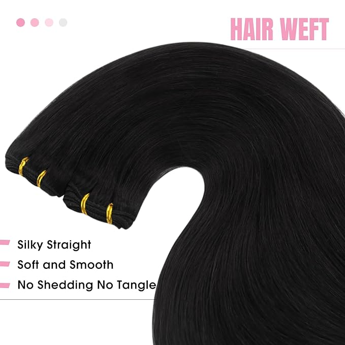 YoungSee Sew in Hair Extensions Black Human Hair Weft Extensions Straight Human Hair Extensions Sew in Jet Black for Natural Look 18Inch 100G