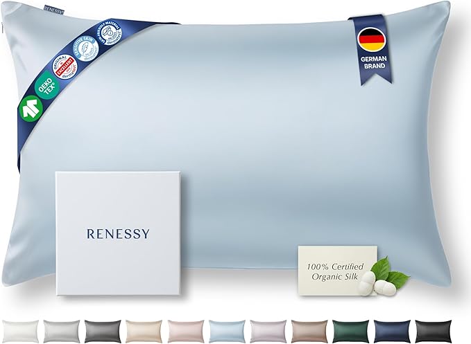 Premium Silk Pillowcase 100% Organic Mulberry Silk, 22 Momme, Grade 6A - Oeko-Tex Certified in Germany - Luxury for Hair & Skin, 1 Piece (Standard Size 20x26 Inches, Cloud Blue)
