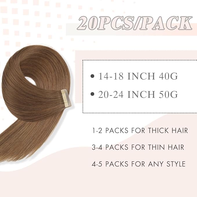 Tape in Hair Extensions Human Hair, 20pcs 16 Inch Medium Brown Remy Hair Extensions Straight Human Hair Tape in Extensions Skin Weft Tape Extensions Human Hair (10#,16 Inch)