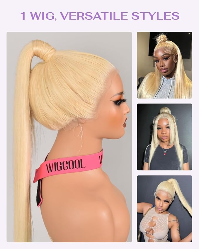 Hidden Strap Straight 360 613 Lace Front Wigs Human Hair Invisible Strap Pre Plucked 180% Density SALON-Quality Blonde Wig with Drawstring Glueless Wigs HD Full Lace Human Hair Wigs 24inch