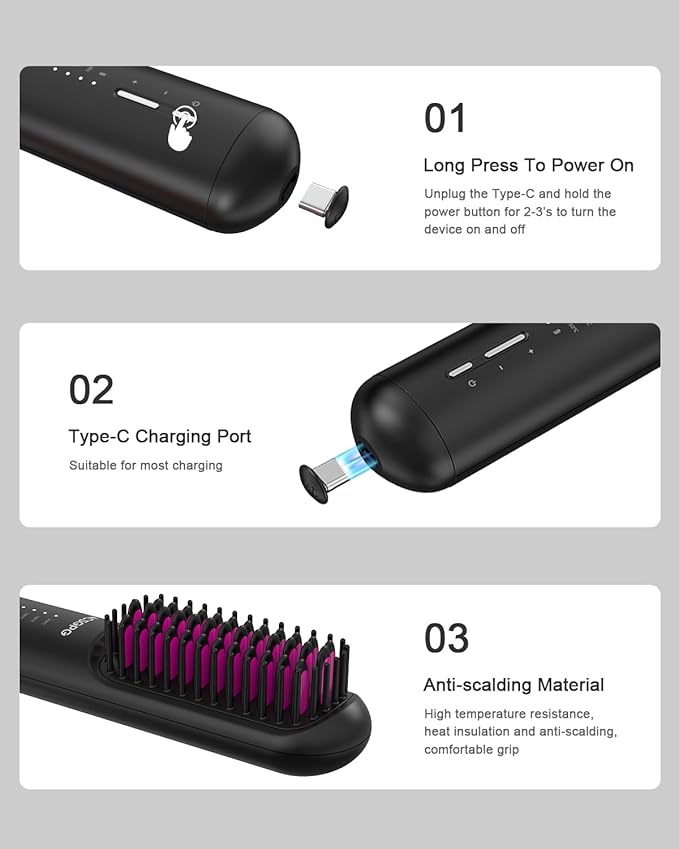 Rechargeable Hair Straightener Brush - 6400mAh Large Capacity Battery - Portable Straightening Brush Comb - Mini Cordless Ionic Straightener for Women - Great for Travel & Home ACSGPG