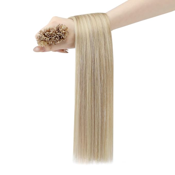 YoungSee U Tip Hair Extensions Human Hair Blonde Highlight Utip Hair Extensions Human Hair Ash Blonde with Platinum Blond Highlight Keratin Hair Extension Remy Hair Ktip Extension 22In 1G/S 50G