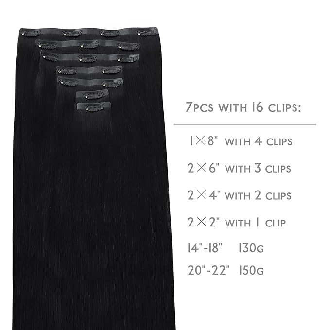 WENNALIFE Seamless Clip In Hair Extensions, 18 Inch 130g 7pcs Jet Black Hair Extensions Clip in Human Hair Invisible PU Skin Weft Natural Remy Human