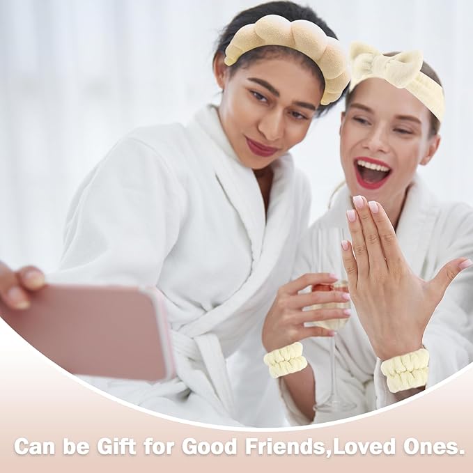 Zkptops 6Pcs Spa Headband for Washing Face Wristband Set Sponge Makeup Skincare Terry Cloth Headband Bubble Soft Get Ready Hairband Women Puffy Padded Headwear Non Slip Hair Accessory(Beige)