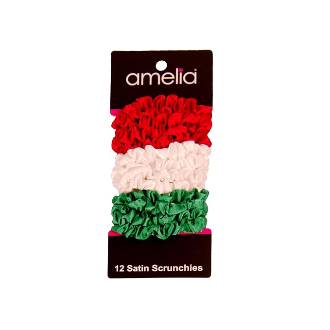 Amelia Beauty, Red, White and Green Satin Small Scrunchies, 12-Pack – No Damage Hair Ties for Women, Gentle & Durable Hair Accessories, 2.5in x 0.5in