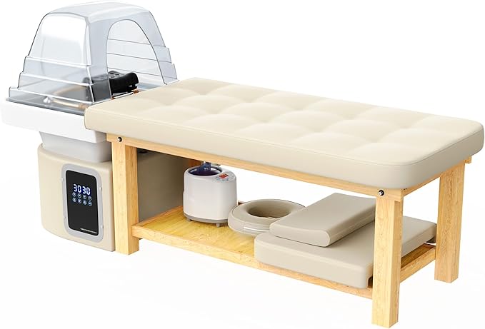 Hair Washing Head Spa Stationary Massage Table with Water Cycle & Fumigation Salon Equipment for Beauty Head Spa Physical Therapy Massage, Wood Frame, PU Leather - Beige Gray