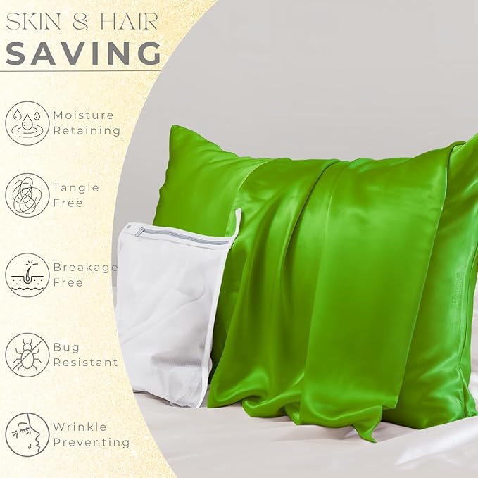 PROMEED Mulberry Silk Pillowcases Set of 2Pcs, Both Sides 100% 23 Momme Real Silk Pillow Case Standard Size 2 Pack, Natural Silk Pillow Cover for Sensitive Skin (Standard 20"x26", Green)