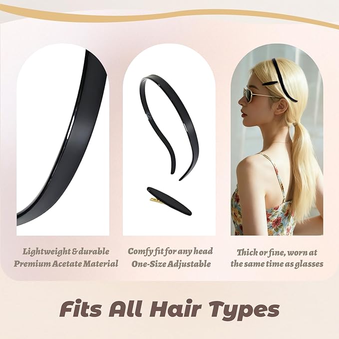 Hair Bands Eyewear-Friendly Design, Hairbands for Women - Non-Slip Thin Headbands with Teeth, No Pressure & No Headache Sunglasses Headband (Black)