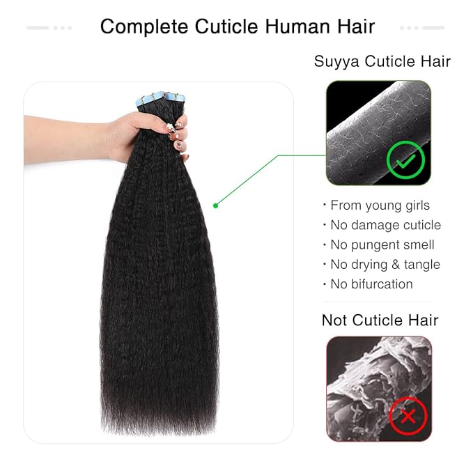 SUYYA Kinky Straight Tape in Extensions Natural Black Tape in Hair Extensions Human Hair Kinky Straight 18 Inch Skin Weft 50g/Pack 20PCS Tape INS for Women(#1B Natural Black)