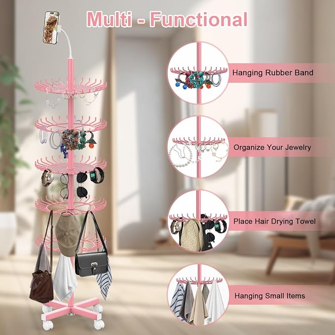 Braiding Hair Rack Standing Hair Extension Holder - 140 Pegs Braiding Hair Rack & Divider Stand with Phone Holder for Displaying and Separating Hair (Pink)