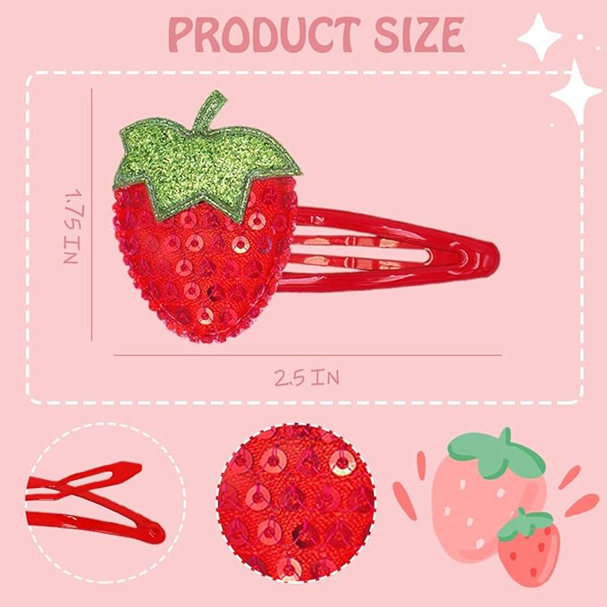 IKOLA Snap Hair Clips for Girls, Sequin Strawberry Hair Clips Water Drop Non Slip Fabric Hair Barrettes Sparkly Hair Accessories for Kids, Toddler Girls - Red
