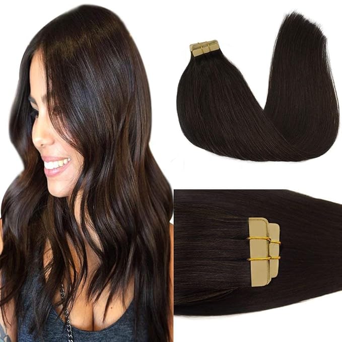 GOO GOO Tape in Hair Extensions Human Hair, 2 Dark Brown, 26inch 60g 20pcs, Skin Weft Seamless Invisible, Silky Straight with Thick Ends, Remy Human Hair
