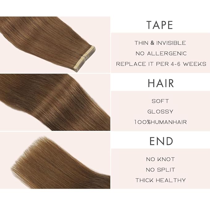 Tape in Hair Extensions Human Hair 20pcs Remy Hair Extensions 18 Inch Medium Brown Straight Invisible Human Hair Tape in Extensions Skin Weft Tape Extensions Human Hair (10#,18 Inch)