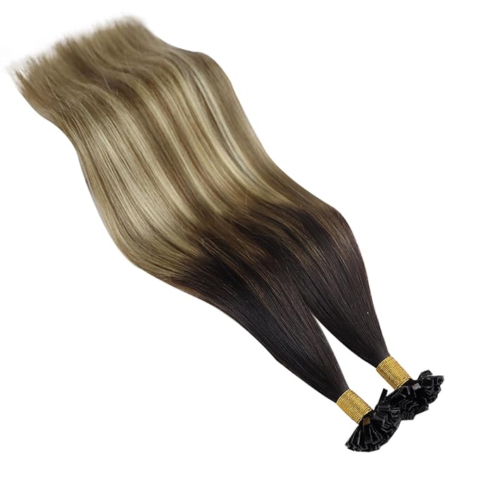 YoungSee K Tip Hair Extensions Human Hair Balayage Keratin Hair Extensions K Tip Ombre Dark Brown to Brown with Blonde Silky 18In 1g/s 50g