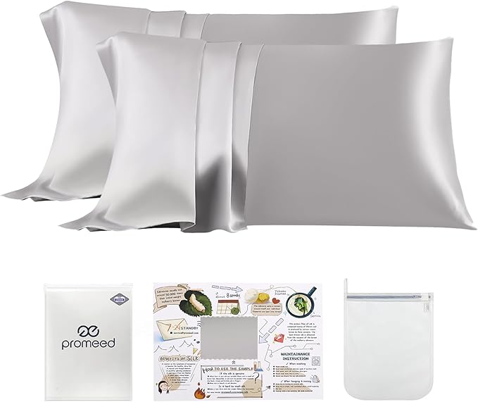 PROMEED 23 Momme Silk Pillowcase 2 Pack with Zipper, 3rd Gen Grade 6A+ 100% Mulberry Silk Pillow Case Set of 2, Cooling Pillow Cases for Hot Sleepers (Queen 20"x30", Light Grey)