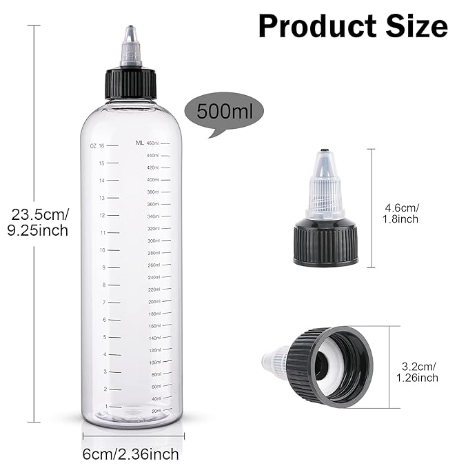 Cosywell Hair Oil Applicator 16.9oz Measured Squeeze Bottles with Graduated Scale Dye Applicator Bottle Twist-On Top Tip Cap Empty Plastic Color Oil Bottle 2 Pack