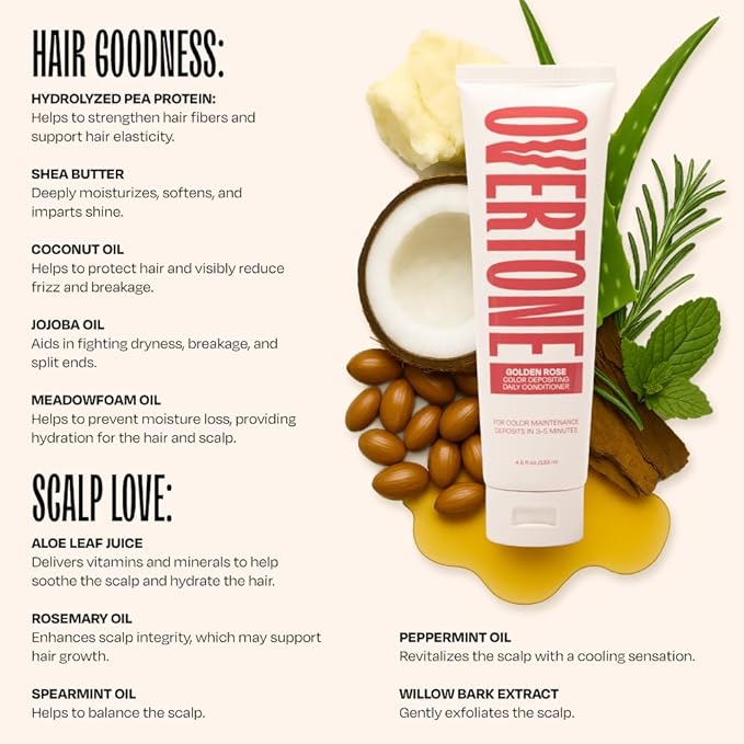 Overtone Daily Color Depositing Conditioner, Golden Rose, 4.5oz, Hydrating, Damage-Free Temporary Hair Color for All Hair Types with Shea Butter & Coconut Oil, Vegan & Cruelty-Free