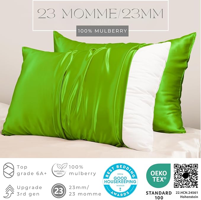 PROMEED 23 Momme Silk Toddler Pillowcase 2 Pack with Free Laundry Bag, Natural Highest Grade 6A+ 100% Mulberry Silk Pillow Case Set of 2, Zipper (Toddler/Travel 13"x18", Green)