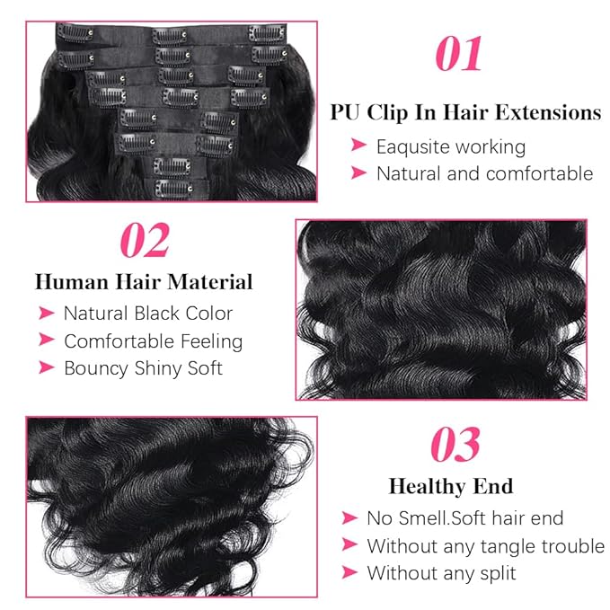 Seamless Clip Ins For Women Real Human Hair Invisible PU Weft Body Wave Clip In Hair Extensions Human Hair 8pcs with 18Clips Per Set 120g(22inch,Natural Black)