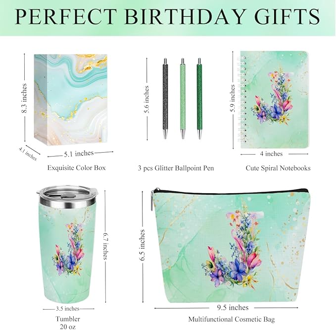Personalized Gifts Monogrammed Birthday Gifts for Women, Maid of Honor Bachelorette Wedding Christmas Initial 20 oz Tumbler, Makeup Bag Cup Pens Journal Notebook 6 Set, (Aesthetic Green Flower J)