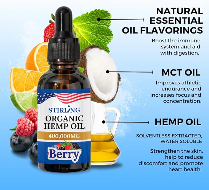 Stirling Organic Hemp Oil - 400,000mg Natural Berry Flavor - Enhances Sleep and Helps Reduce Discomfort - THC-Free, Non-GMO, Gluten-Free, High in Omega 3 6 9 - Premium U.S. Hemp Seed Oil