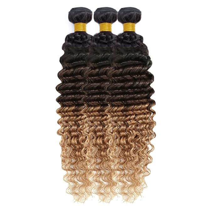 28 30 32 Inch Ombre Blonde Deep Wave Bundles Human Hair T1B427 Bundles Niegmeag Virgin Remy Hair Extensions 3 Tone Brown and Blonde Bundle Hair Weave