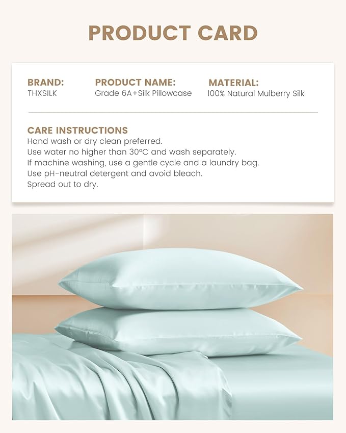 THXSILK Set of 2 Silk Pillowcase for Hair and Skin, 100% Mulberry Silk Bed Pillowcase Ultra-Soft, Hypoallergenic Soft Breathable Silk Pillow Case with Hidden Zipper, King Size 20"x36", Light Blue