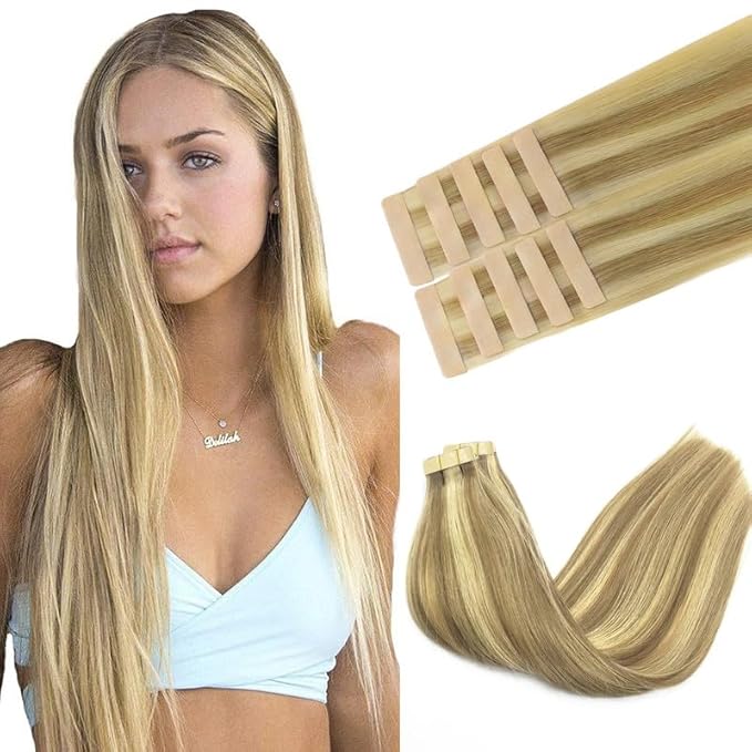 GOO GOO Tape in Hair Extensions Human Hair, 16/22 Light Blonde Highlighted Golden Blonde, 16inch 25g 10pcs, Skin Weft Seamless Invisible, Silky Straight with Thick Ends, Remy Human Hair
