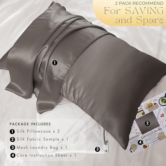 PROMEED 23 Momme Grade 6A+ Mulberry Silk Pillowcase 2 Pack, 100% Natural Silk Pillow Cases Set of 2, Premium Silk Pillow Case Cover for Hair and Skin (Queen 20"x30", Grey)