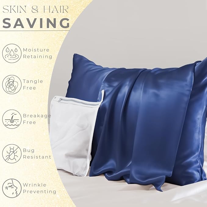 PROMEED 23 Momme Silk Pillowcases 2pcs Set, Mulberry Silk Pillow Case Set of 2, Ultra Soft Silk Pillowcase for Hair and Skin (Queen 20"x30", Navy)